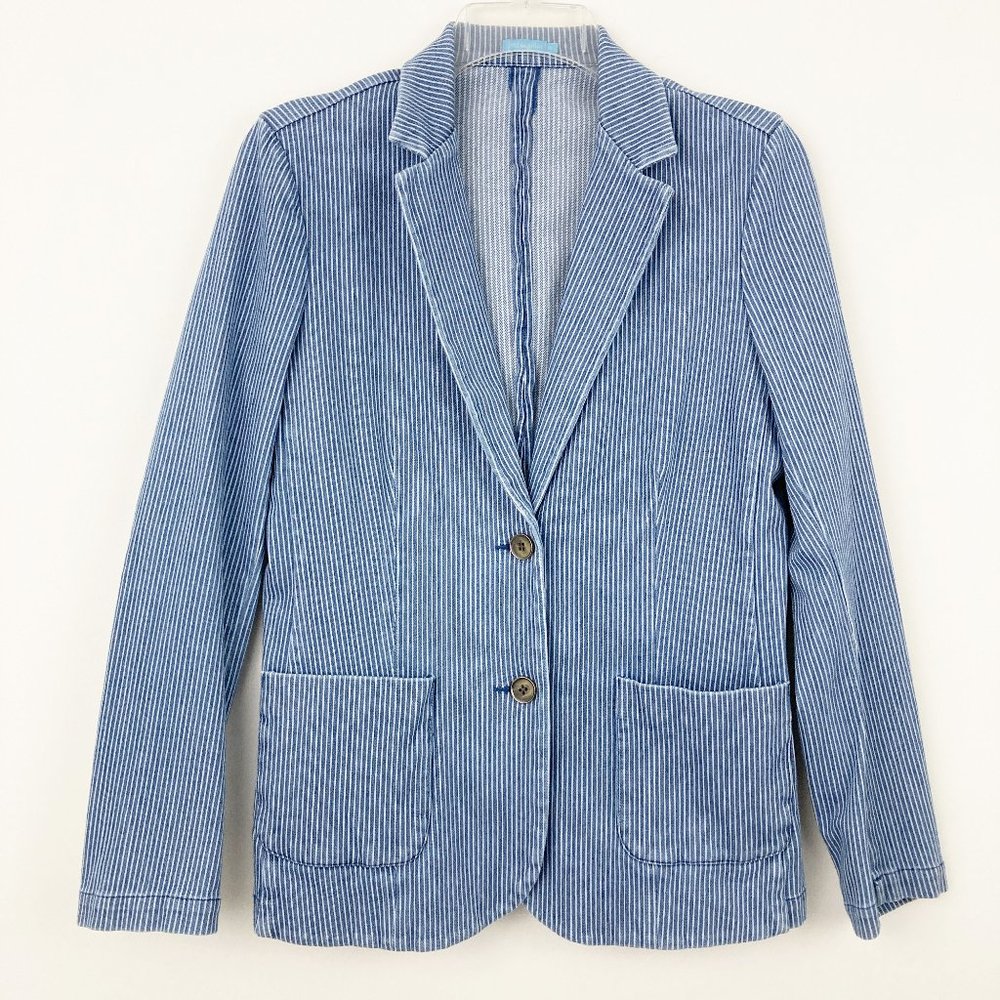 NWOT J. McLaughlin Jude Knit Denim Striped Blazer Size‎ M Indigo White Cotton